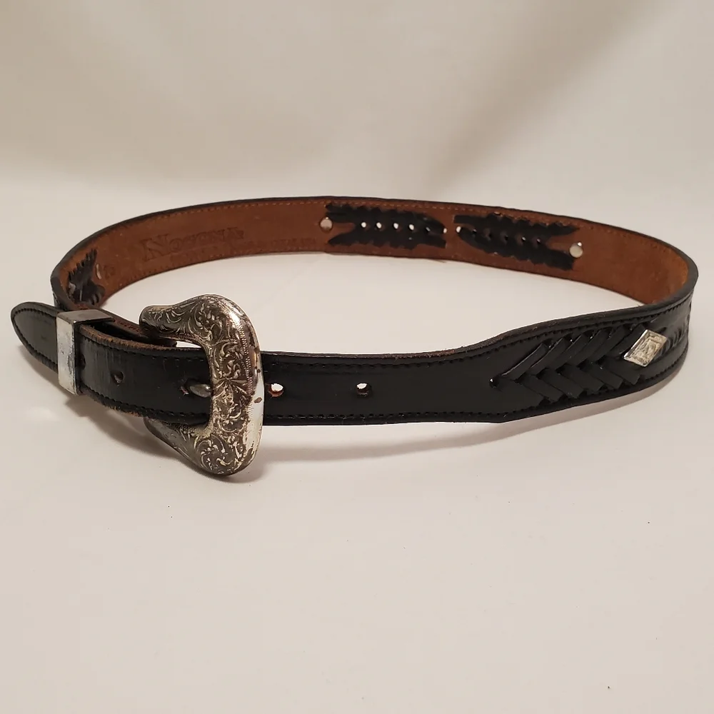 Nocona Western Black Leather Belt Made in USA Woven Embossed Embellishments